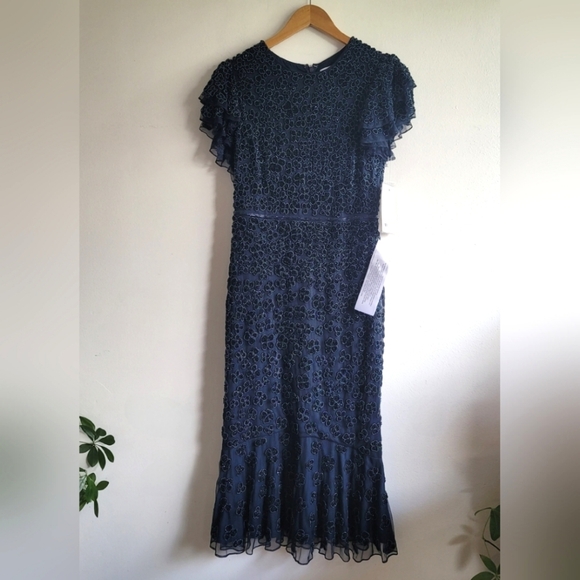 NWT Mac Duggal, Hand Beaded Flounce Sleeve Midi Dress, Midnight, Size 8 - $498 - Picture 4 of 12